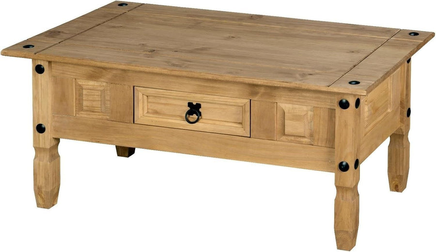 Rustic Pine Coffee Table with Drawer, Solid Wood, 95x50x44cm, Mexican Style