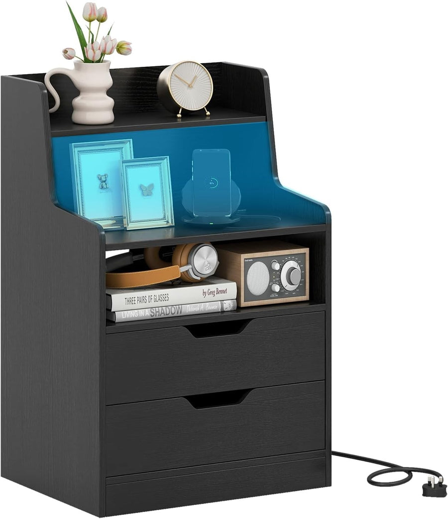 LED Bedside Table with Charging Station, RGB Light, 2 Drawers & Storage Shelves