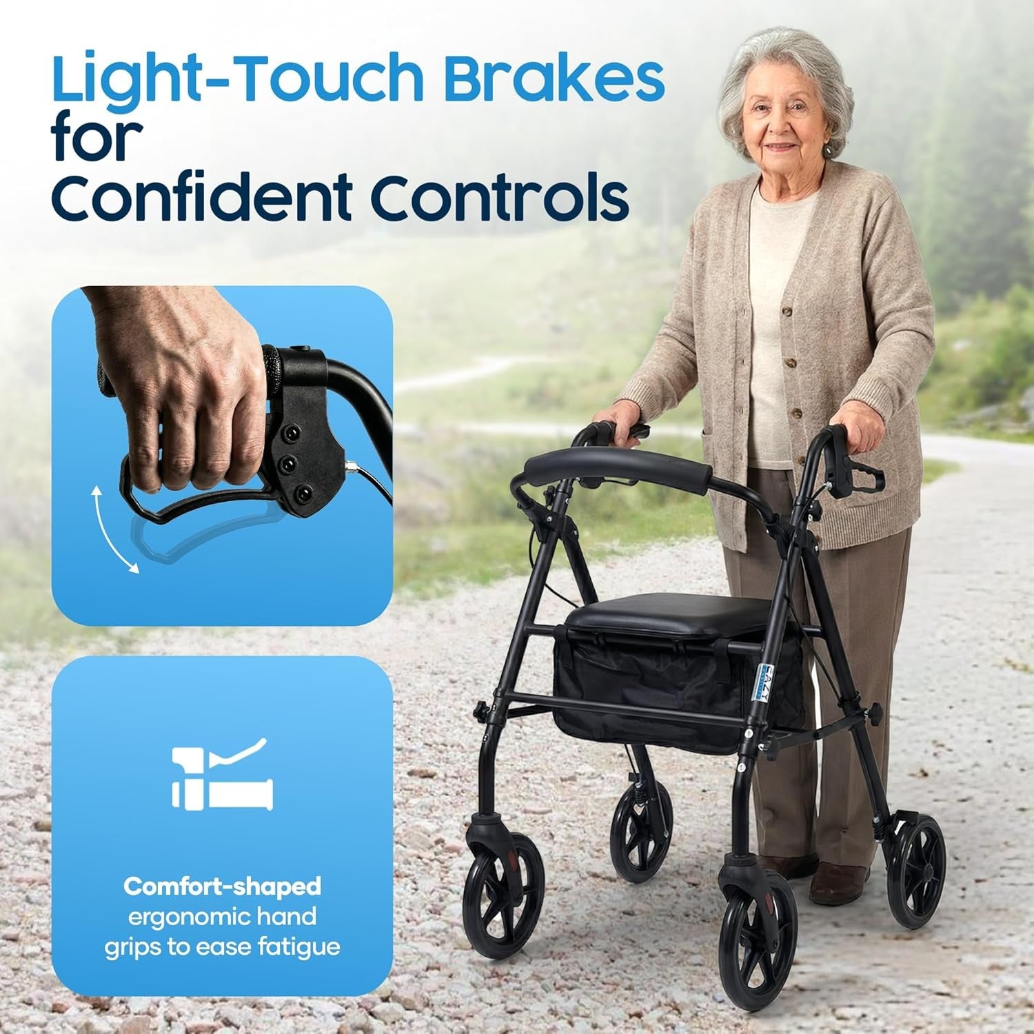 Lightweight 4 Wheel Rollator Walker Seat Adjustable Handles Folding Mobility