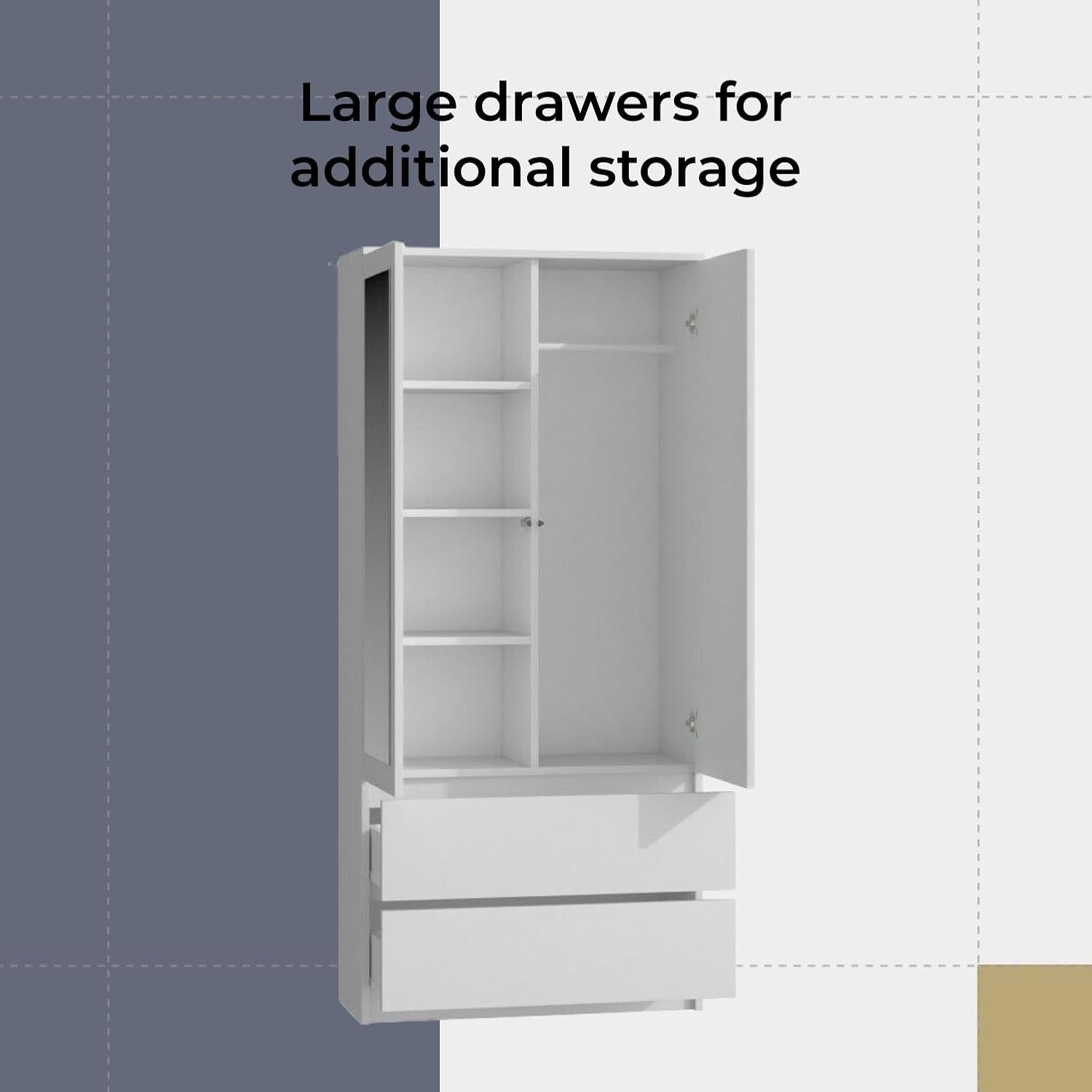 White Modern Double Wardrobe with Mirror & Drawers - Bedroom Storage