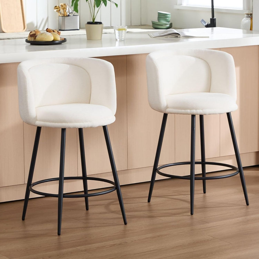 Counter Bar Stools Set of 2 | White Chenille L-Shaped Dining Chairs