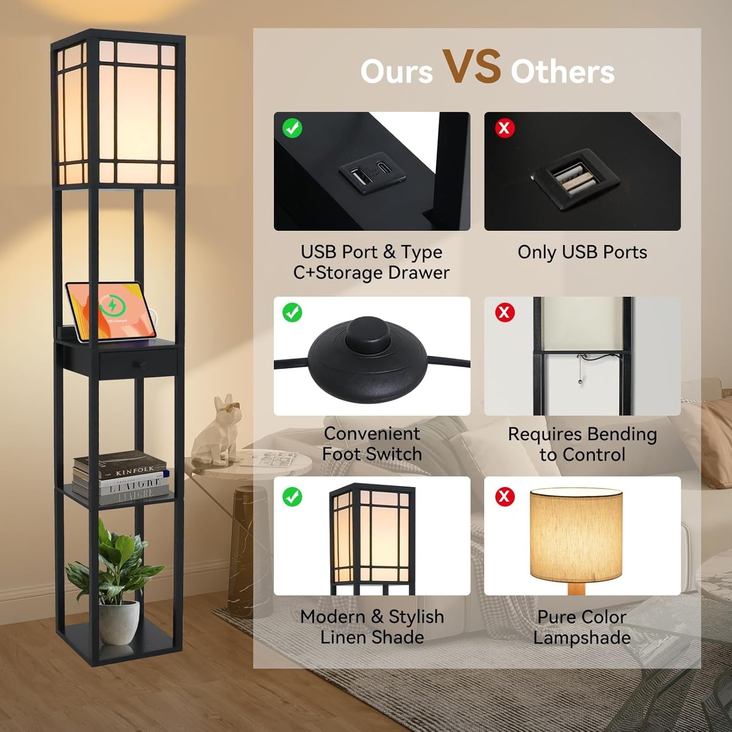 Floor Lamp with Shelves USB Charging Storage Drawer Modern Standing Light