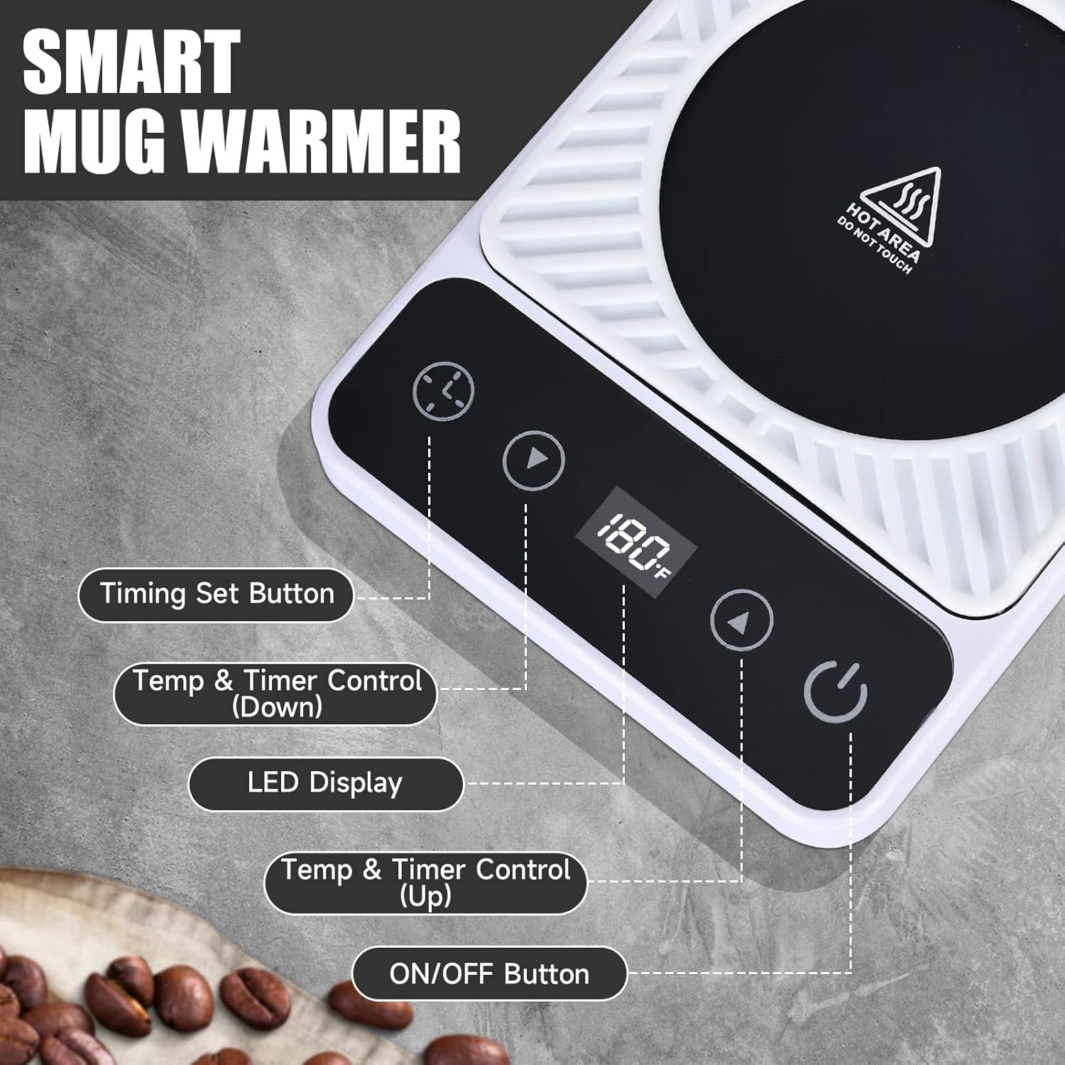White Electric Coffee Mug Warmer 6 Temp Timer Control