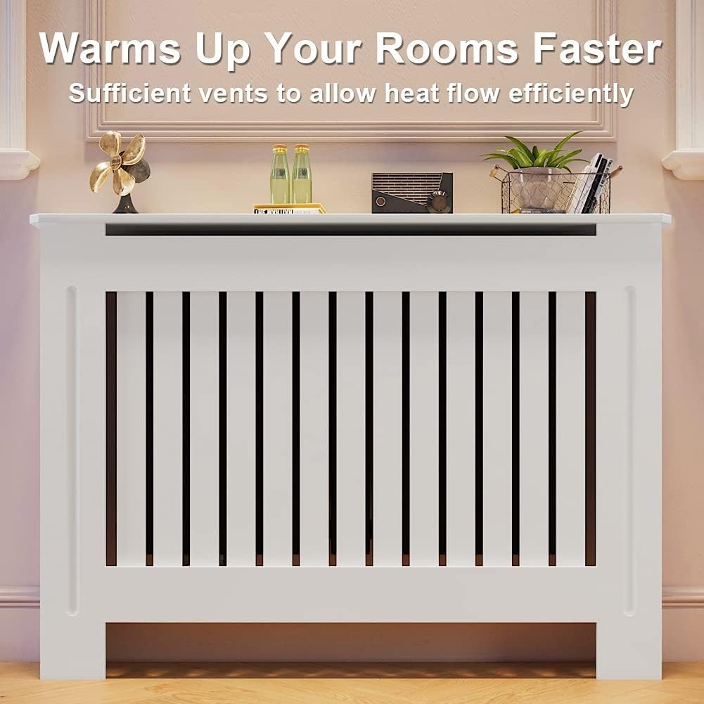 Small Radiator Cover Cabinet White Vertical Slat MDF Modern Heater Shelf Unit