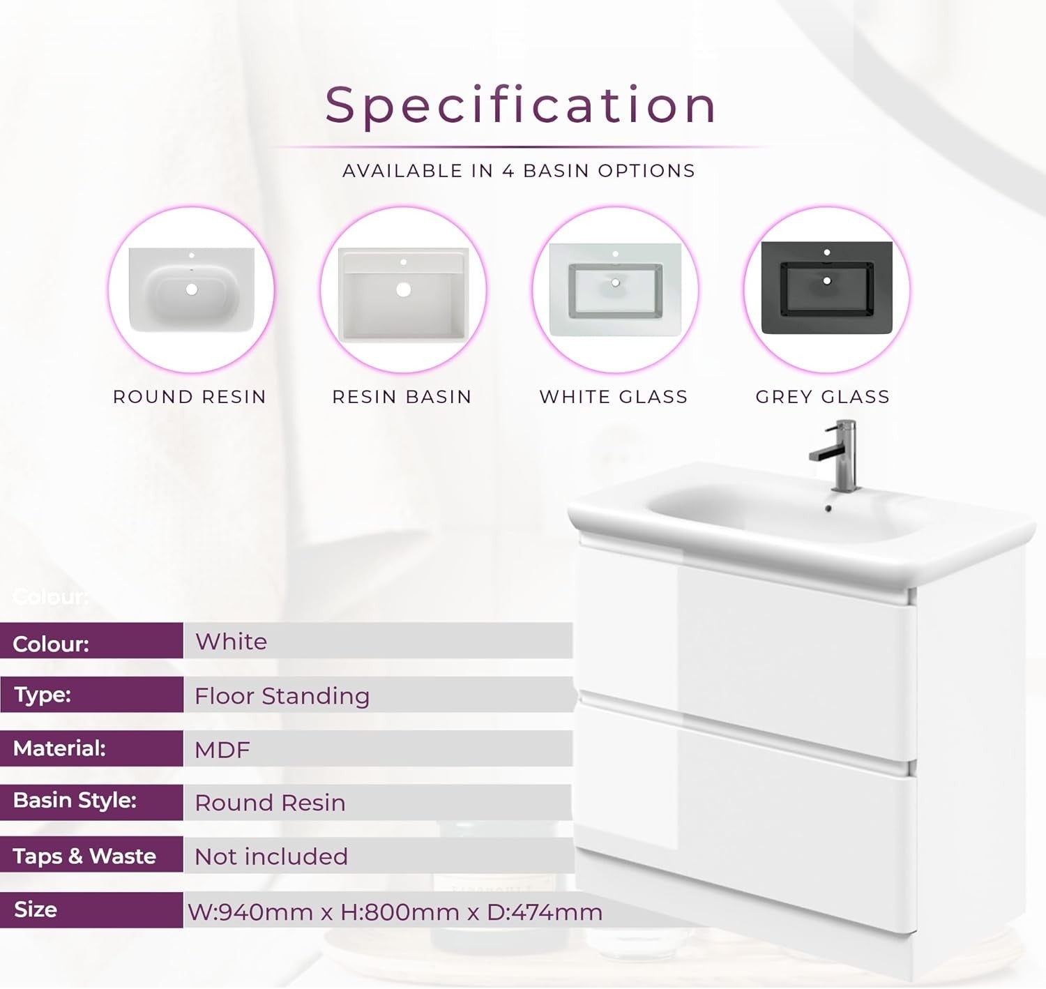 900mm Gloss White Vanity Unit with Basin Floor Standing Bathroom Cabinet