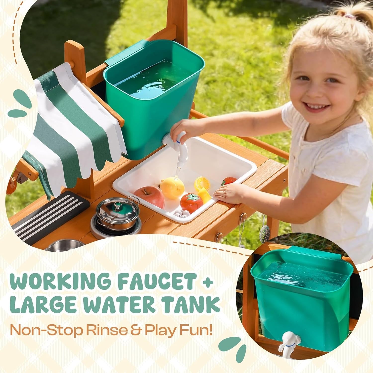 Kids Outdoor Mud Kitchen Wooden Playset Water Sink BBQ Cooking Toy