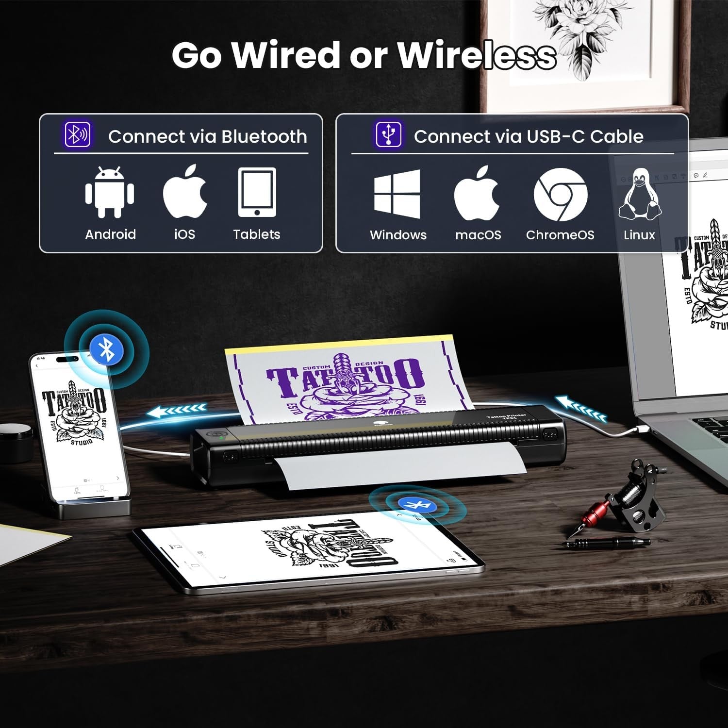 Black A4 Tattoo Stencil Printer Wireless Bluetooth Transfer Kit