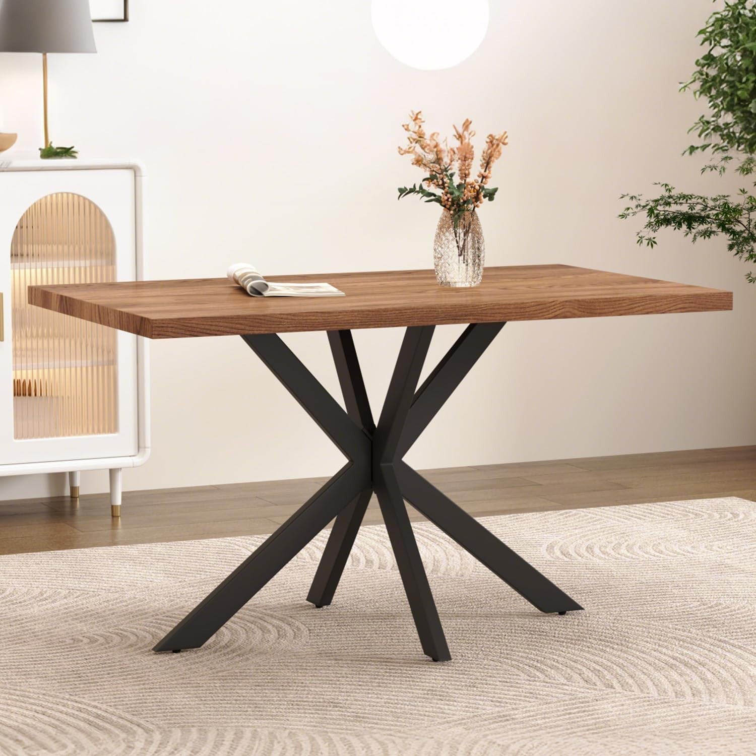 Rustic Industrial Dining Table Wood Top Black Metal Legs 120cm Modern