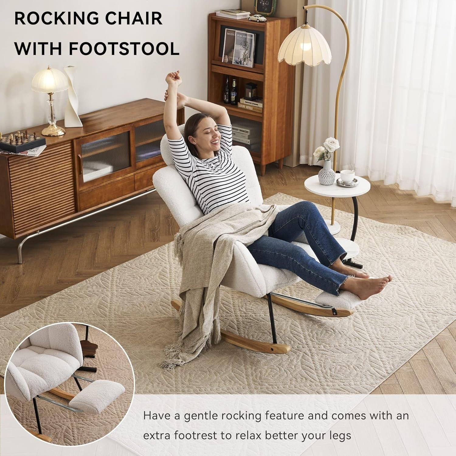 Ivory Rocking Recliner Chair w/ Footrest, Headrest – Cozy Teddy Armchair 125cm