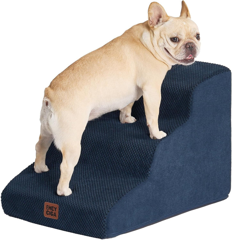 3 Step Dog Stairs for Bed Non Slip Foam Pet Steps Washable Navy