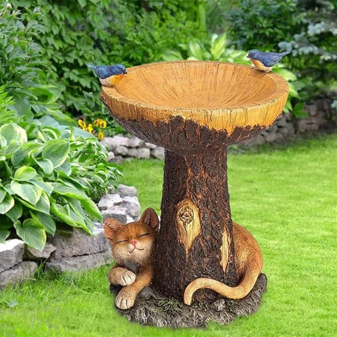 Animal Tree Bird Bath Feeder – Polyresin Cat & Bird Garden Ornament Statue