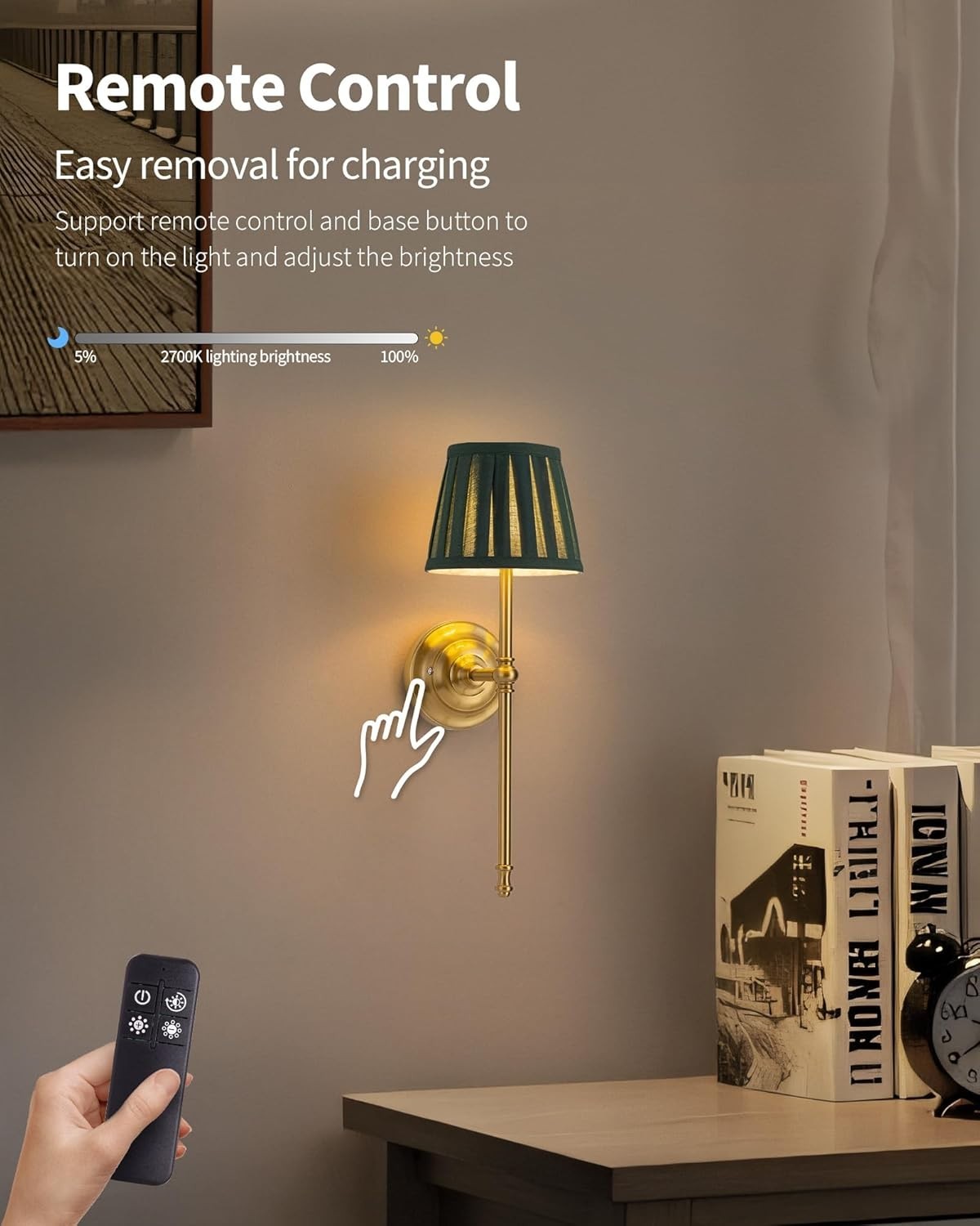 Cordless LED Wall Sconces 2-Pack, Rechargeable 5200mAh, Dimmable, Remote