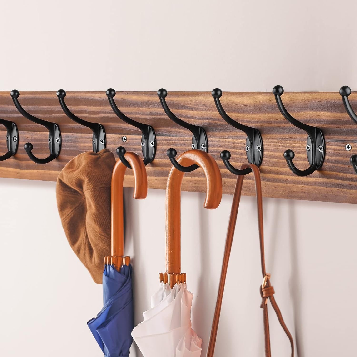 Vintage Wall Mounted Coat Rack 10 Hooks | Wooden Hanging Rack for Coats Hats