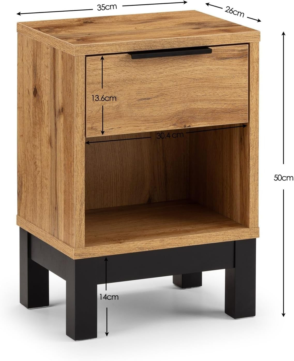 Modern Oak Wood Bedside Table | 1 Drawer Nightstand with Open Shelf & Black Legs