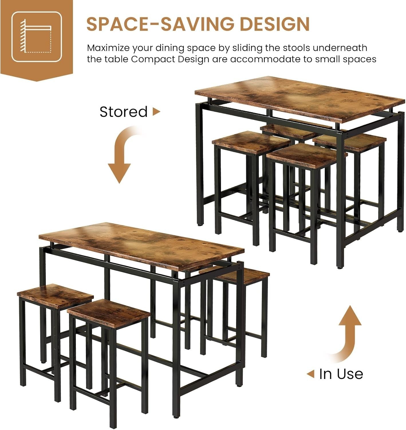 Rustic Brown 5-Piece Counter Height Dining Table Set with 4 Stools Space Saving