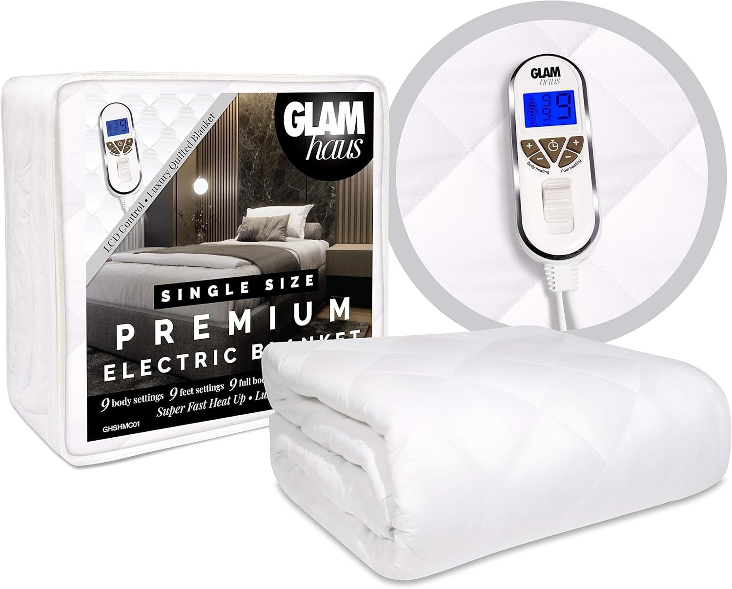 Single Electric Heated Underblanket White Fitted Quilted Washable Bed Cover