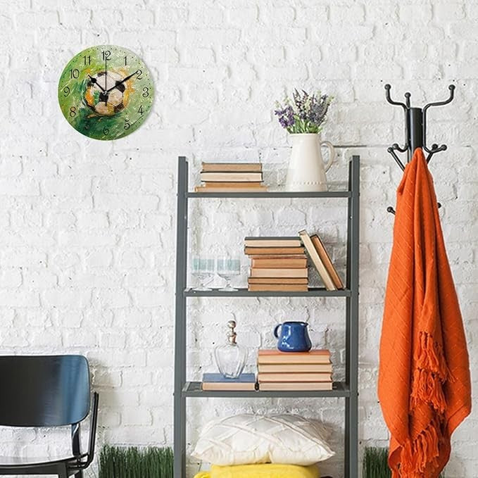 Soccer Wall Clock Green Art 25cm Silent Non-Ticking Sports Bedroom Decor Gift
