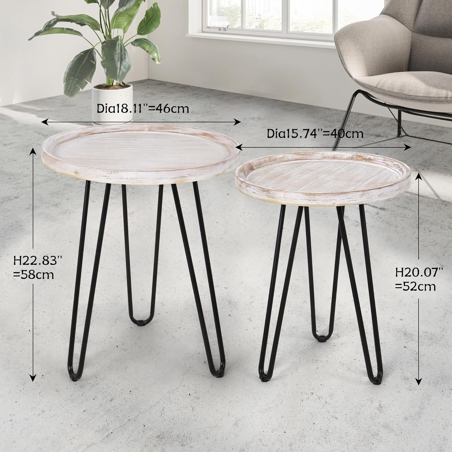 Distressed White Round Nesting Coffee Table Set Wood Metal Storage Living Room