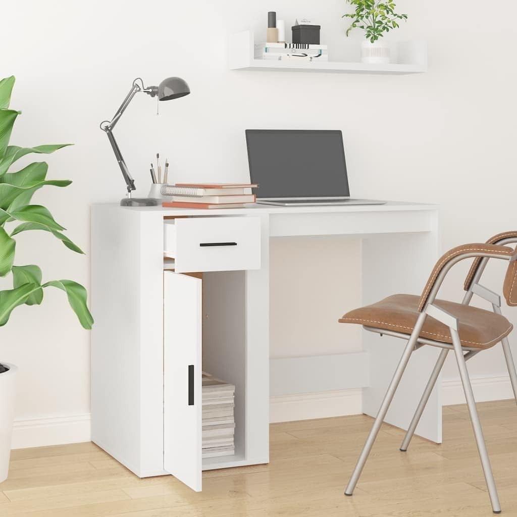 Modern White Office Desk with Drawer 100x49x75cm, Compact Reversible Workstation