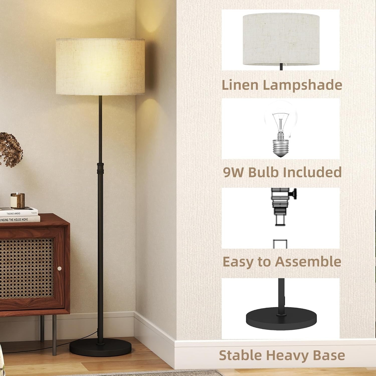 Dimmable Floor Lamp with Remote Height Adjustable Linen Shade Living Room
