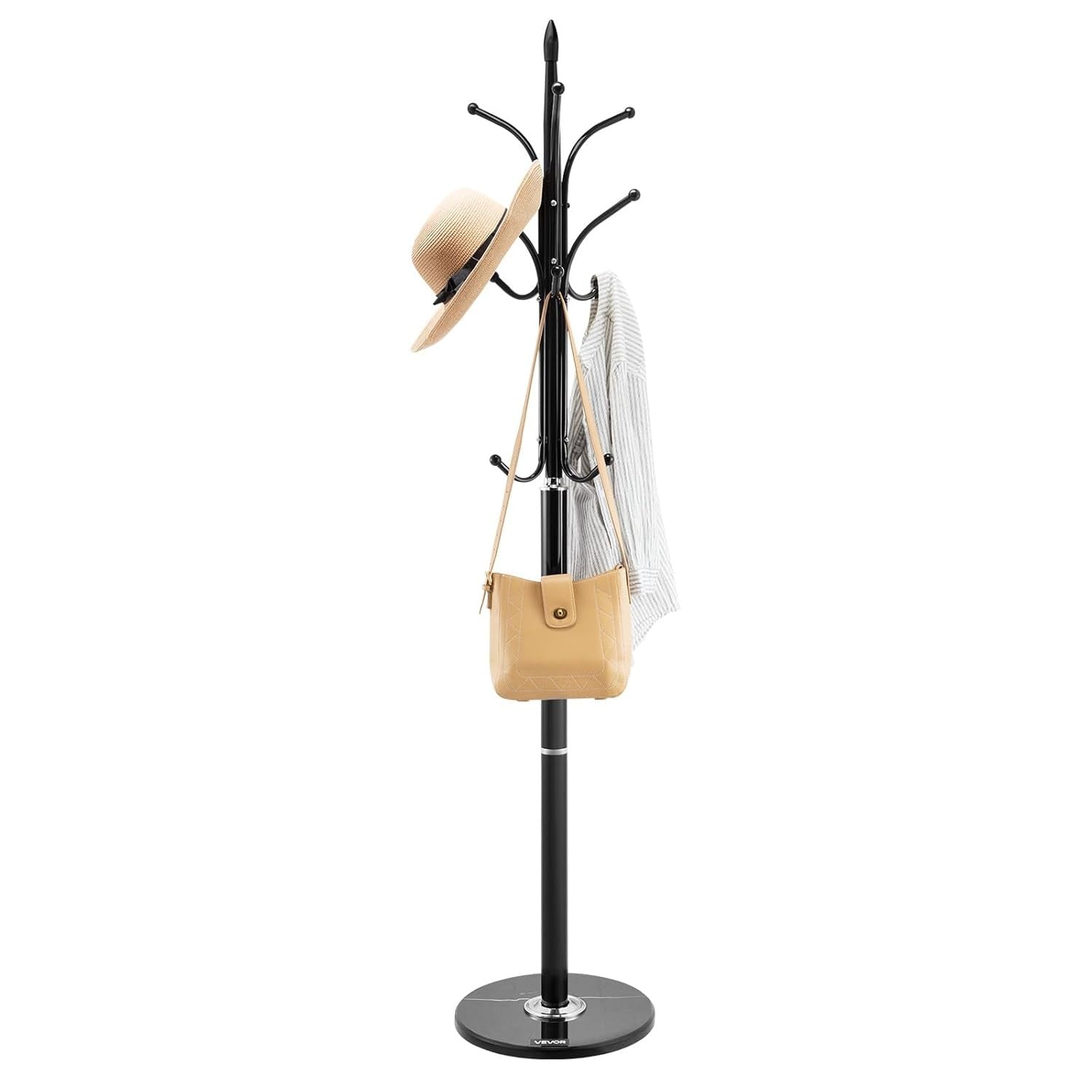 Freestanding Coat Rack with Marble Base | 6 Hook Metal Hall Tree Stand