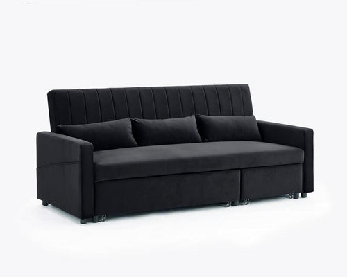 3 Seater Black Velvet Sofa Bed w/ Chaise Pull Out Storage & Cushions