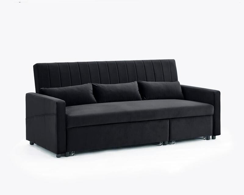 3 Seater Black Velvet Sofa Bed w/ Chaise Pull Out Storage & Cushions