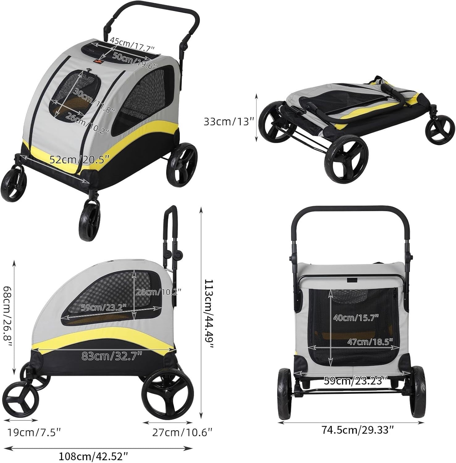 Extra Large Dog Stroller Heavy Duty Pet Buggy 55kg Foldable 4 Wheel