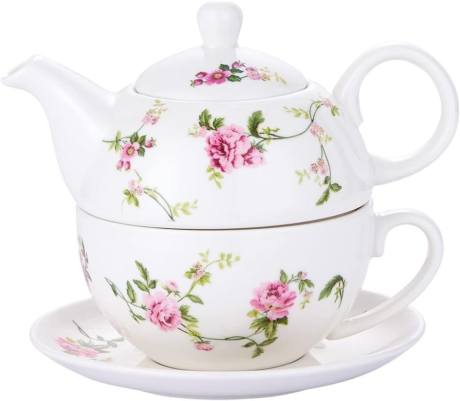 Tea For One Porcelain Teapot Cup Set Floral Pink Tea Set with Saucer