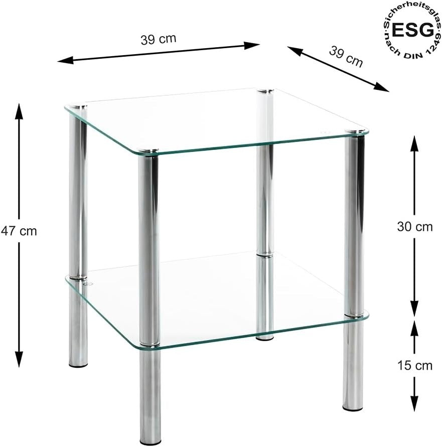 Modern Chrome Metal End Table with Tempered Glass Shelf 39x39x47cm