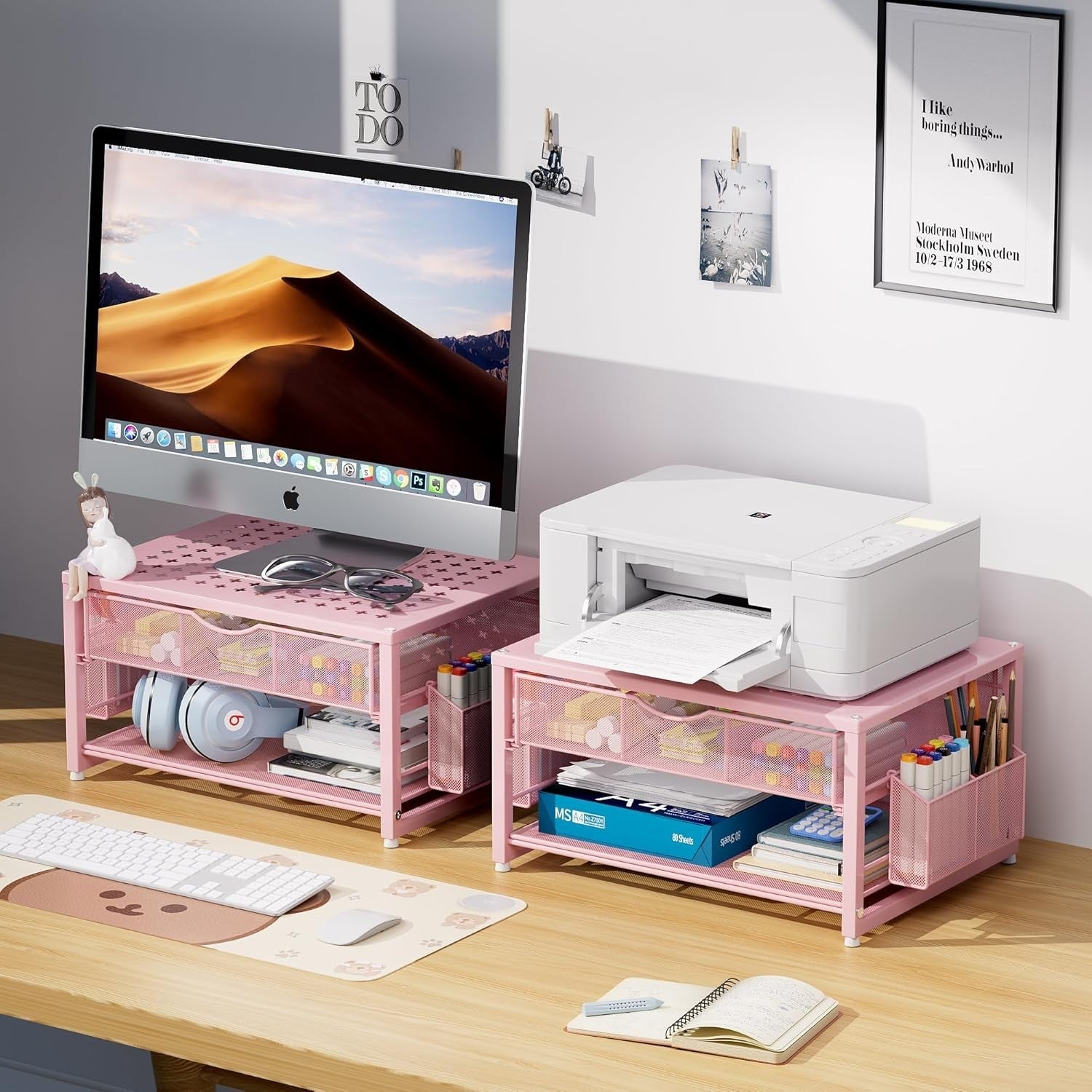 2-Tier Pink Desktop Printer Stand with Drawer, Pen & Paper Organizer