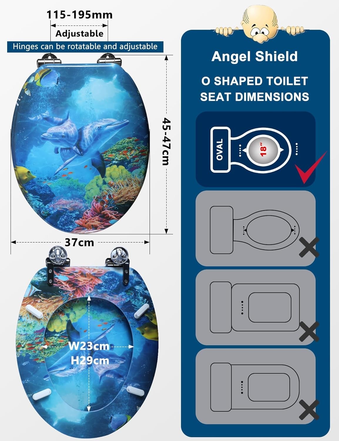 Wooden Toilet Seat O Shape Adjustable Top Fix Ocean Dolphin Family 45x37cm