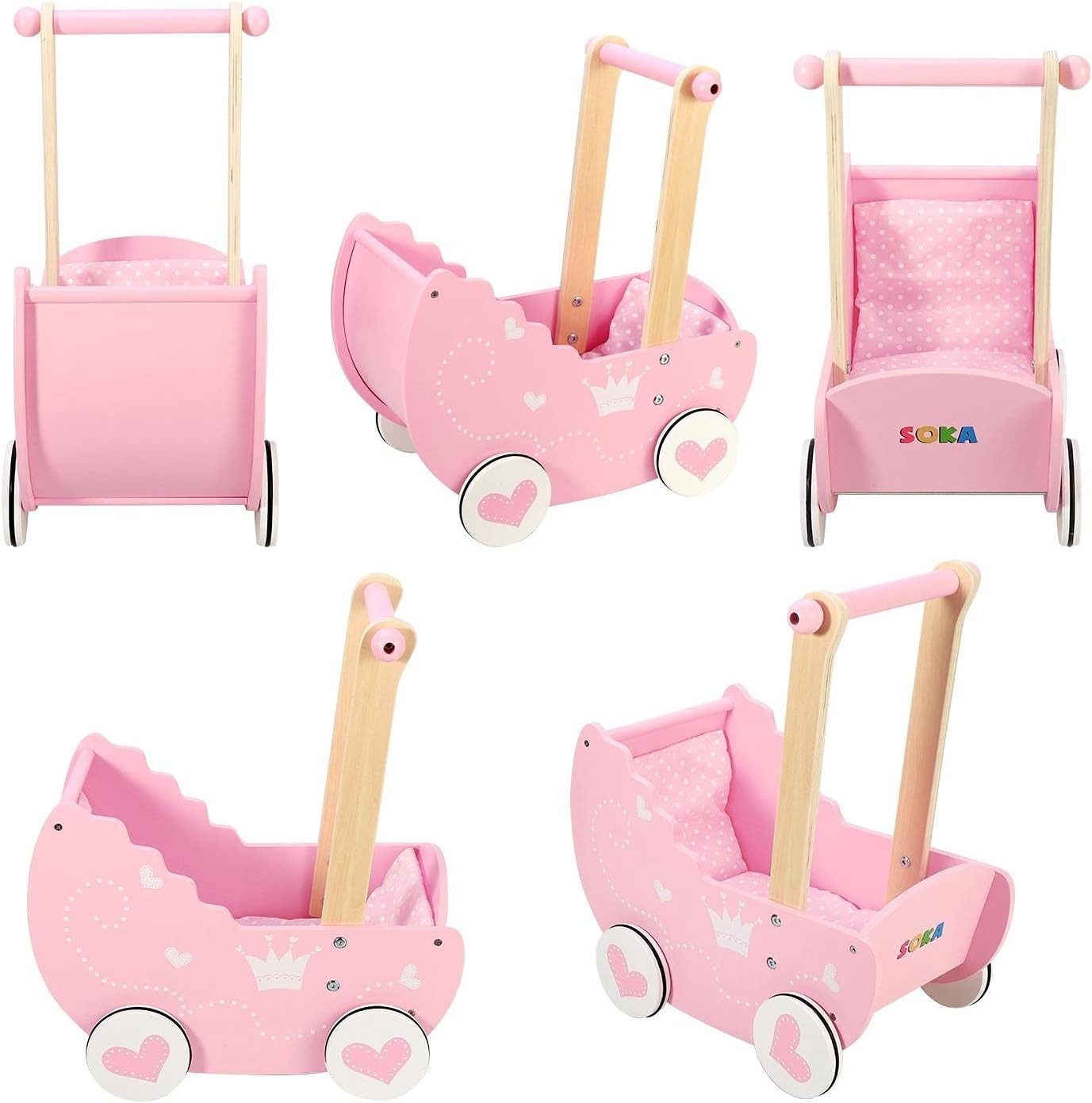 Wooden Doll Pram Push Along Pink Princess Toy with Bedding 3+