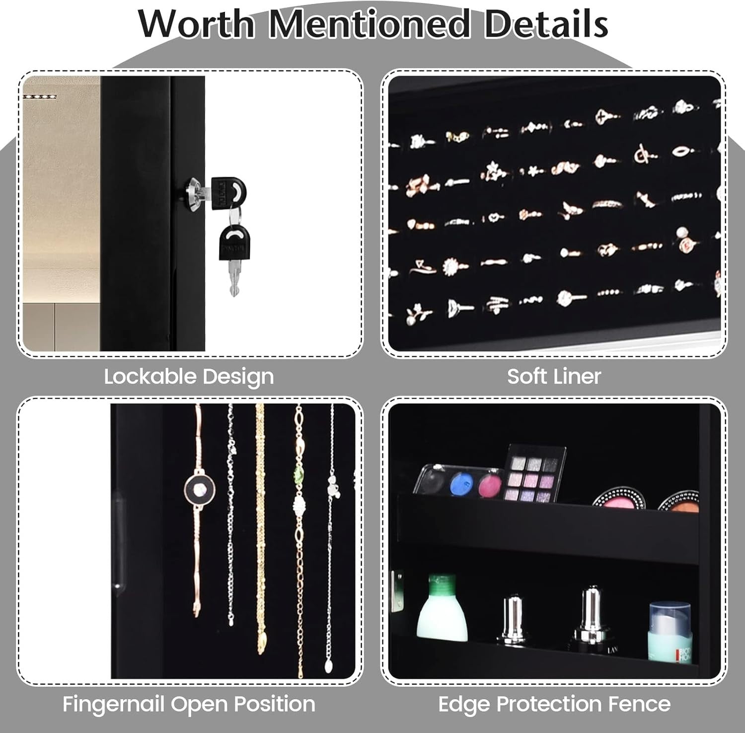 Black LED Wall Mounted Jewelry Cabinet Mirror Lockable Slim Organizer