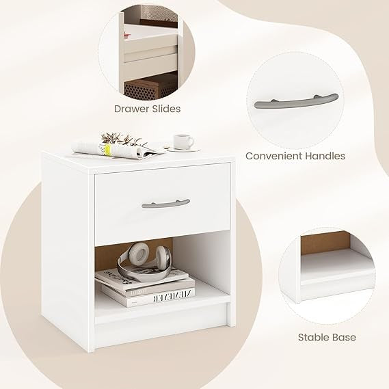Modern White Bedside Table Pair with Storage Cabinet, Wooden Nightstands 51x44x6