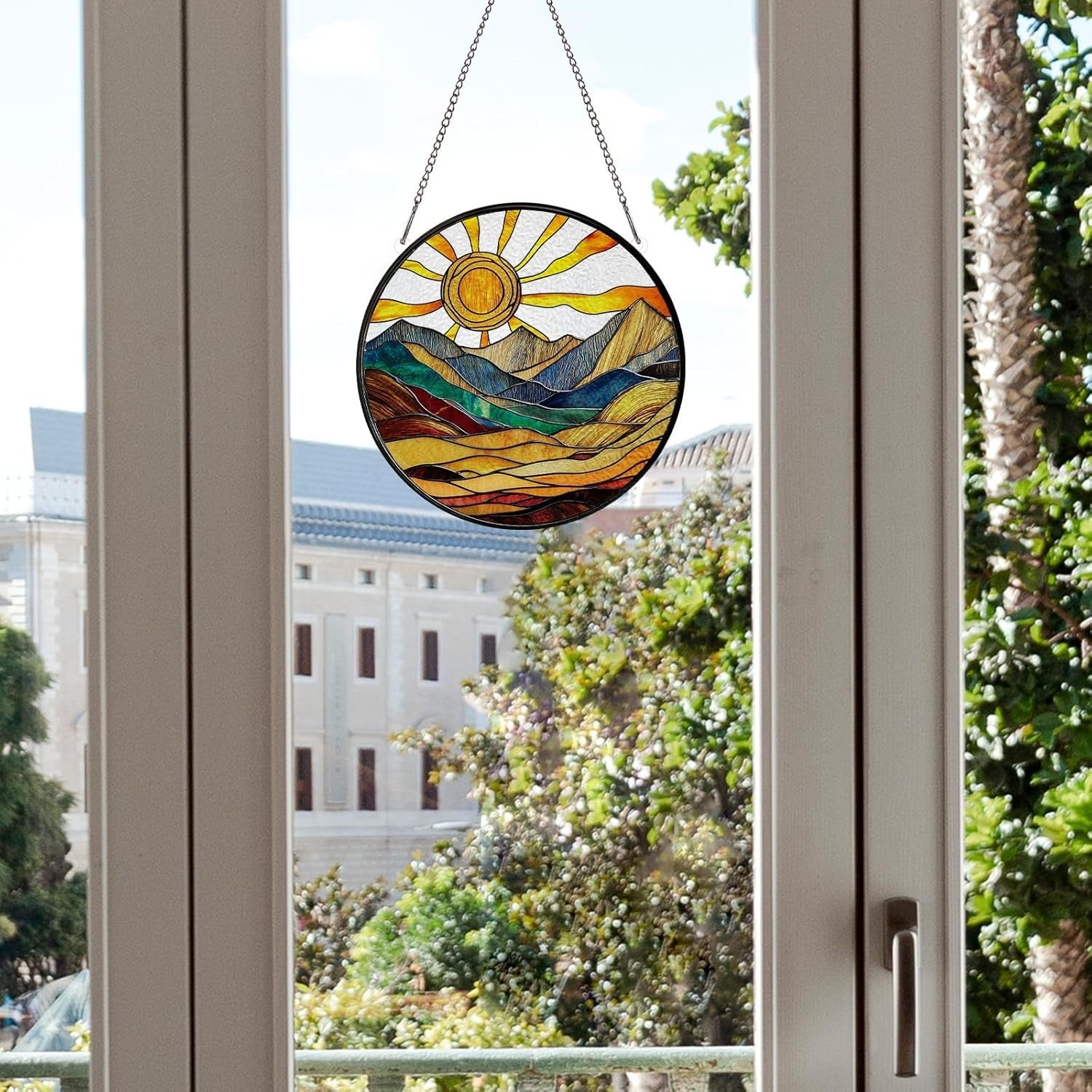 Boho Sun Stained Glass Suncatcher 5.9" Window Hanging Decor