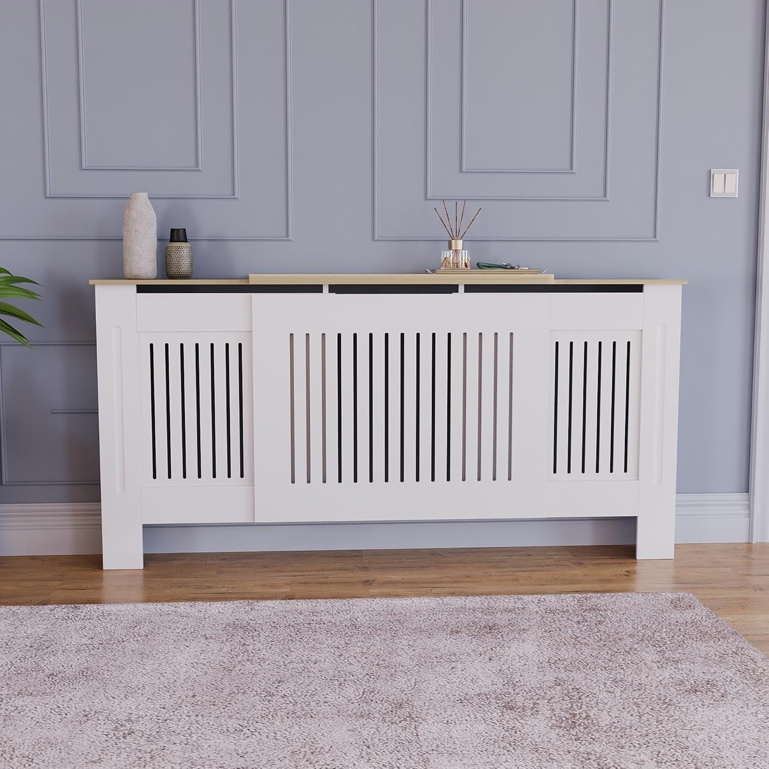 Adjustable White Radiator Cover Cabinet MDF Slatted Grill Modern Wooden Top
