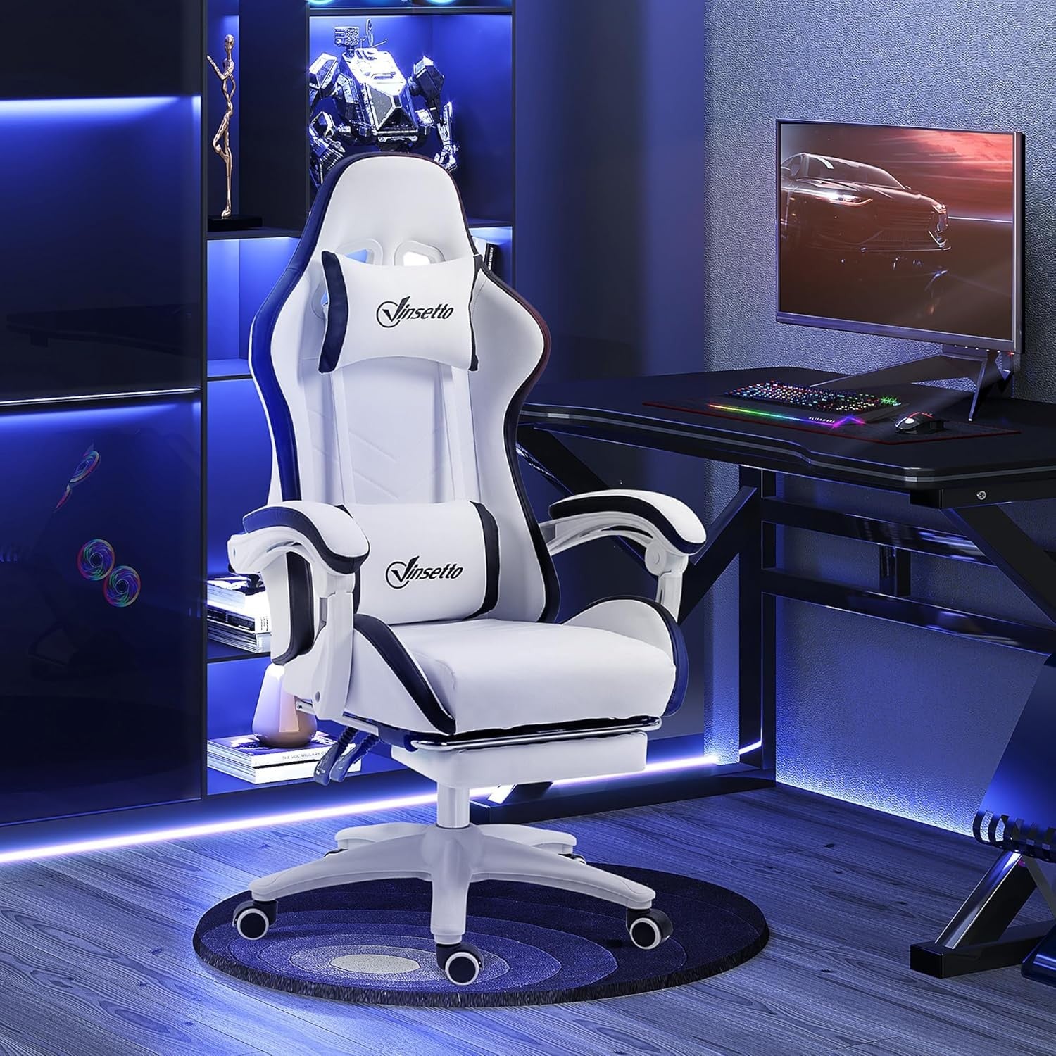Gaming Chair PU Leather Recliner w/ Footrest 135° Swivel White Black