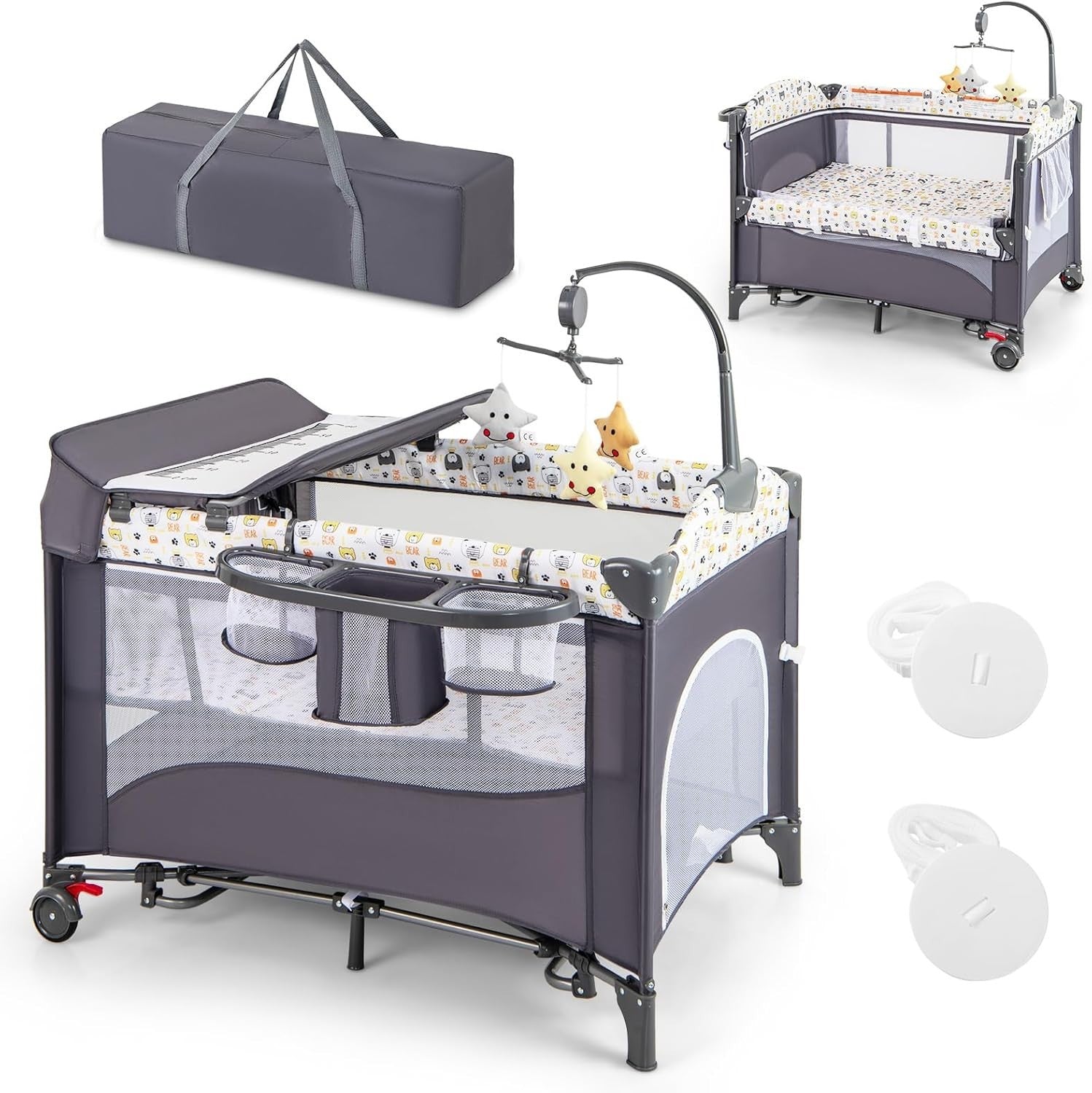 6in1 Baby Travel Cot Foldable Crib with Mattress, Changer & Storage Bear