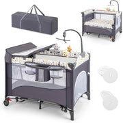 6in1 Baby Travel Cot Foldable Crib with Mattress, Changer & Storage Bear