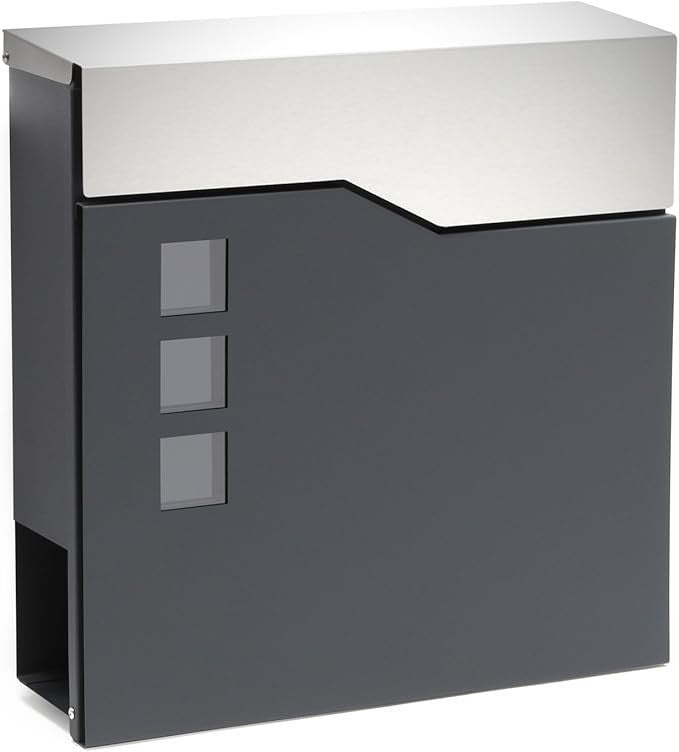 Wall Mounted Letter Box with Newspaper Holder Lockable Steel Mailbox Dark Grey