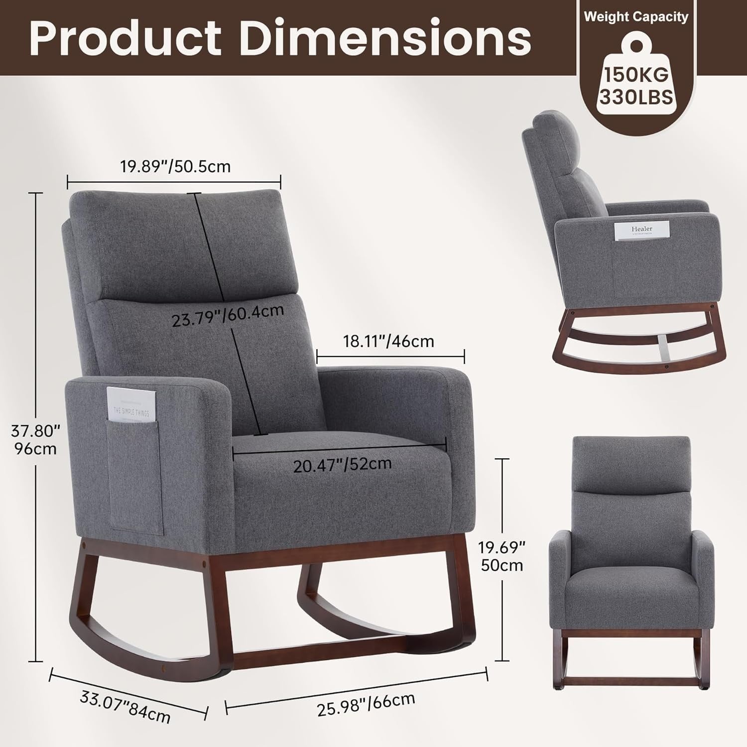 High Back Nursery Rocking Chair with Side Pockets & Durable Wood Base