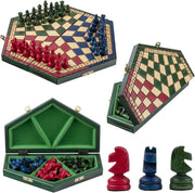 3-Player Wooden Travel Chess Set Hexagonal Board 28×33cm Handcrafted Game