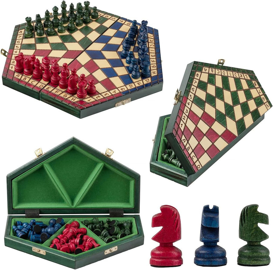 3-Player Wooden Travel Chess Set Hexagonal Board 28×33cm Handcrafted Game