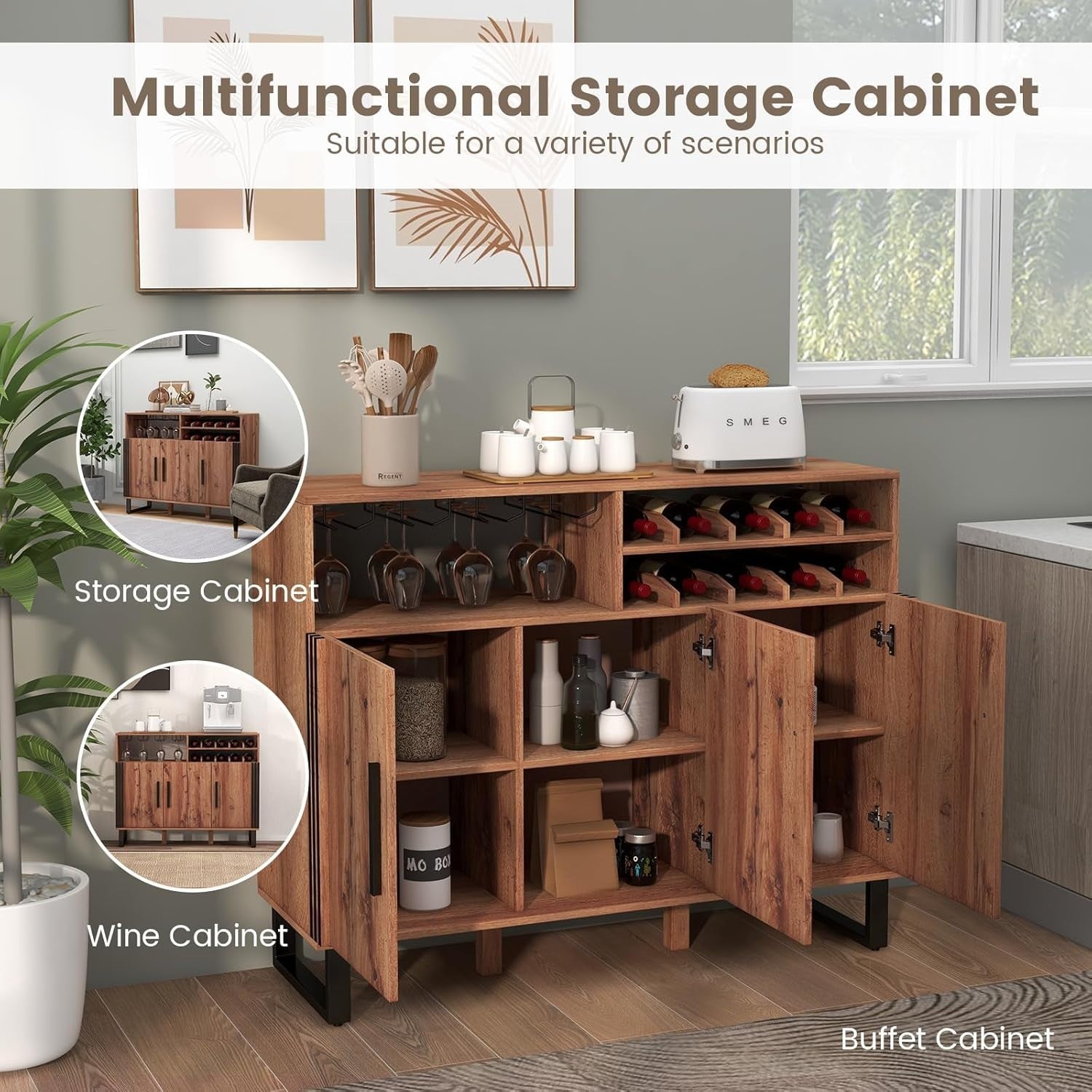 Rustic Sideboard Wine Bar Cabinet with 2-Tier Wine Rack & Glass Holder, 3 Door