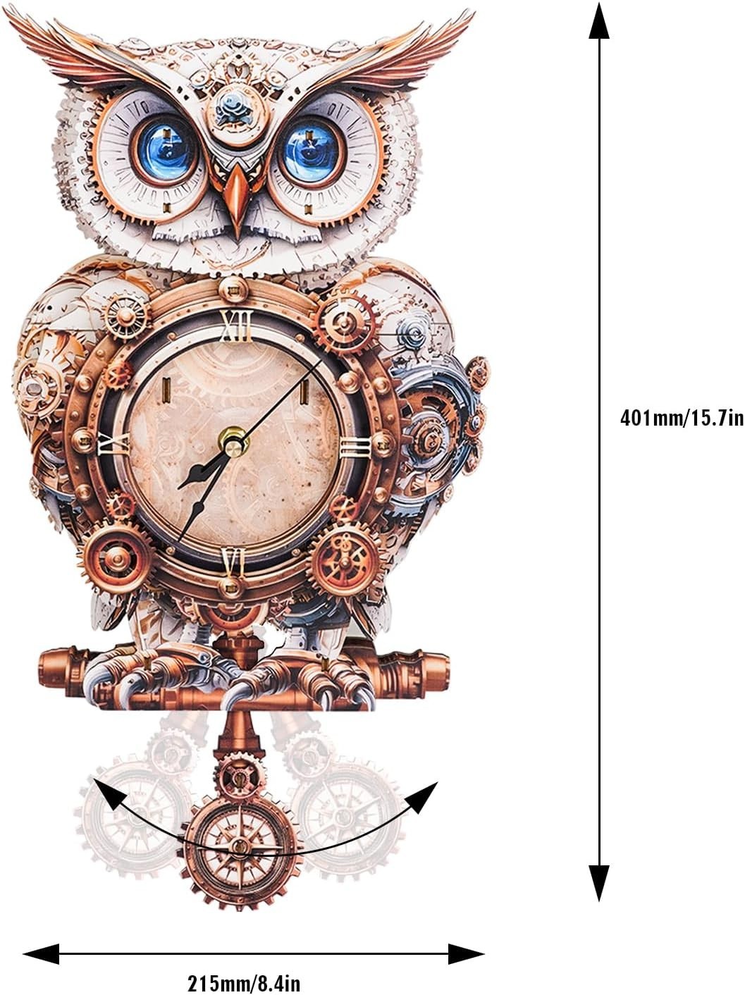 3D Mechanical Owl Wooden Puzzle Clock DIY Kit with Pendulum 215x66x401mm