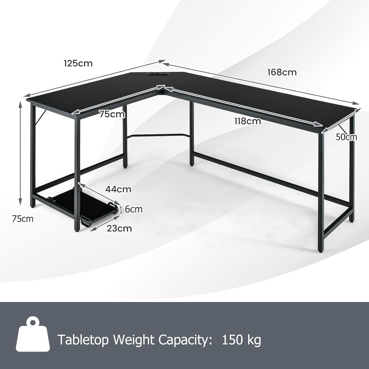 Black L-Shaped Desk 168cm Corner Computer Table with CPU Stand Office