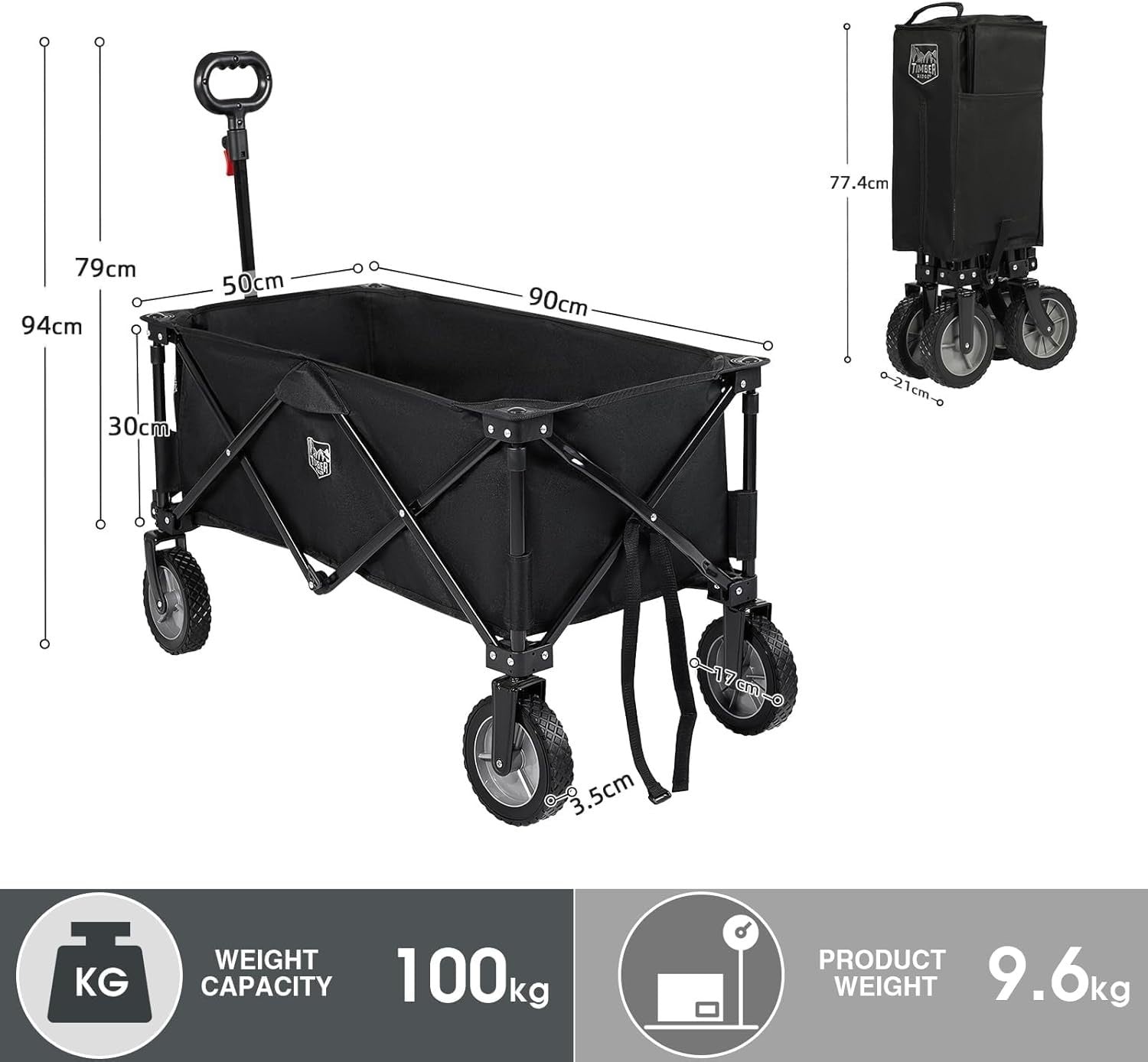 Black 200L Folding Camping Wagon 100kg Heavy Duty Festival Trolley with Handle
