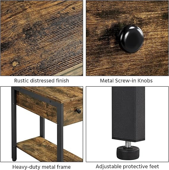 Narrow Industrial Bedside Tables Set of 2 with Drawer & Shelf Rustic Brown
