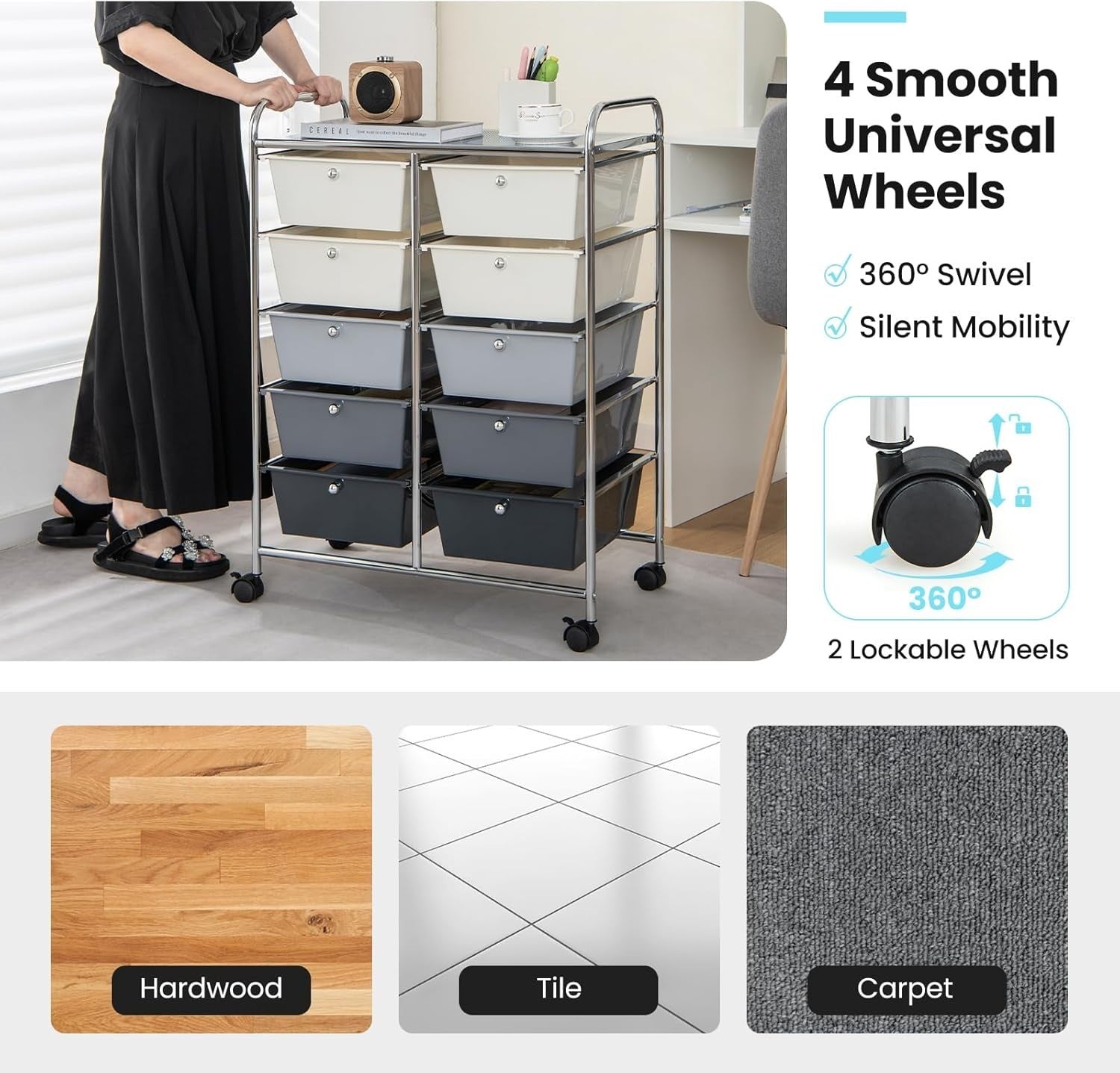 Gradient Grey 10 Drawer Rolling Storage Cart Utility Organizer Trolley